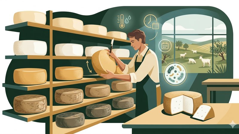 Профессиональная иллюстрация головок твердого козьего сыра в процессе созревания для блога о производстве